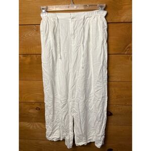Olivaceous Womens White Linen Blend zip Wide Leg Crop Pants Medium Boho Cottagec